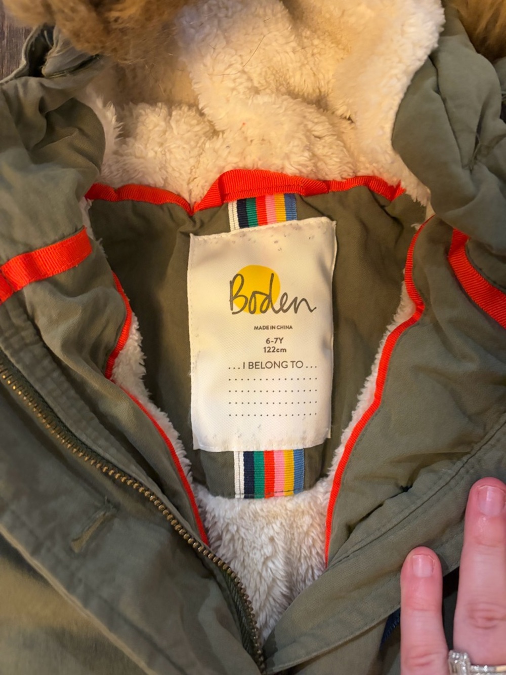 Mini Boden Kids' Cozy Rainbow Star Parka in Army Green Size 6-7 - Picture 3 of 7